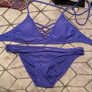 Blue swimsuit.